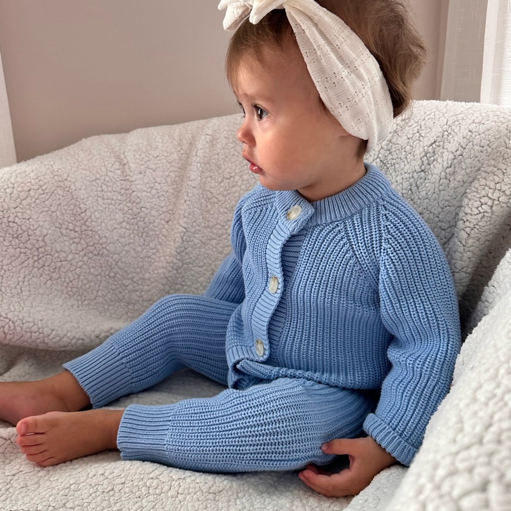 Cotton knit baby romper. Blue. 0-6 m